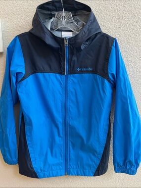 Youth Columbia Bright Blue and Black Hooded Rain Jacket